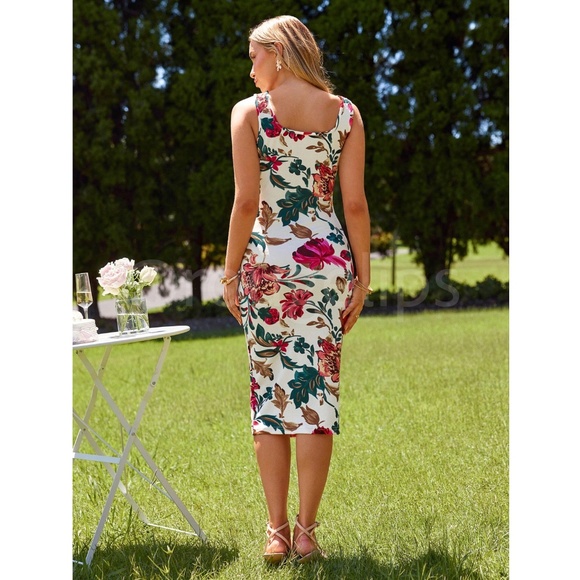 Floral Pattern White Slim Dress Midi Sleeveless - Picture 6 of 7